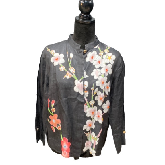 CITRON SANTA MONICA Cherry Blossom Asian Boxy Shirt Natural Accents Sz Large - Picture 2 of 12